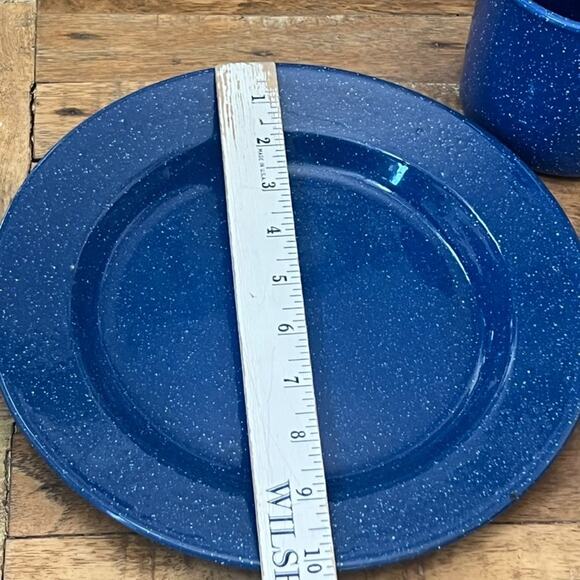 Enamelware Camping Dish Set of 1 Plate, Mug, and Bowl Blue White Speckled - Picture 3 of 12